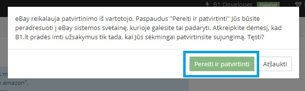 Mygtukas Pereiti ir patvirtinti Ebay integracijoje