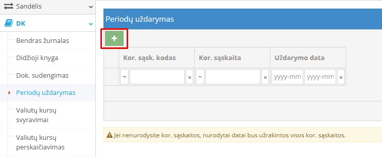 Periodo uždarymo sukūrimo langas