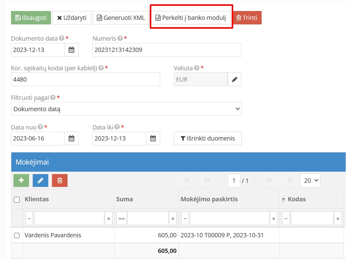 Perkėlimas į banko modulį SEPA pavedimui