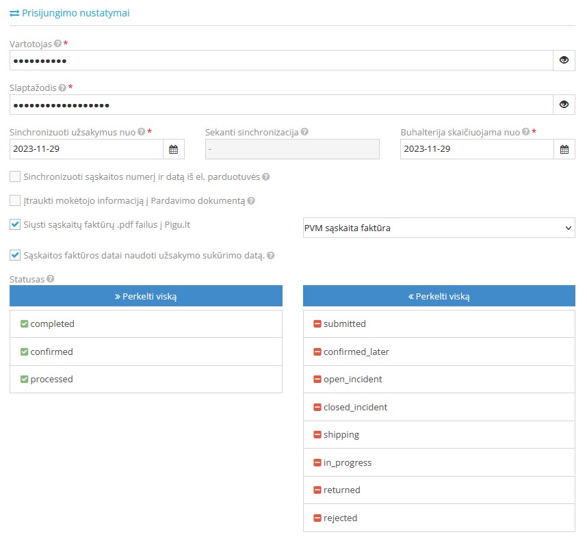 Pigu.lt integracijos sujungimo nustatymų langas