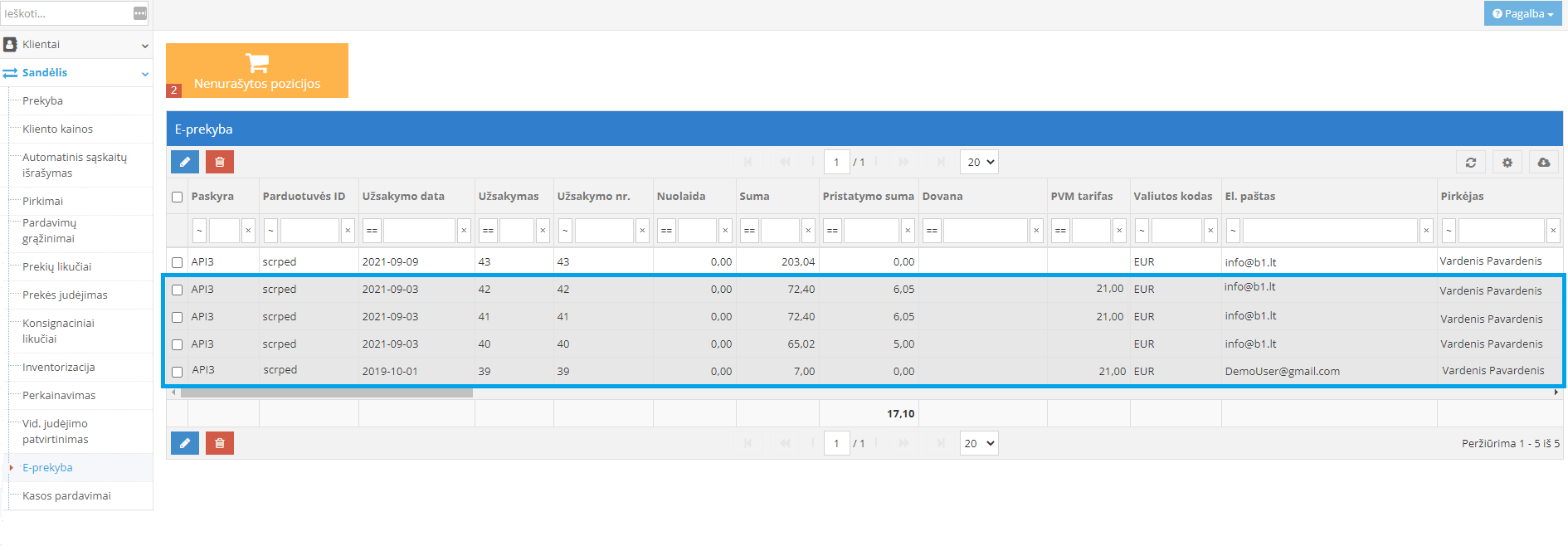 Pilkas užsakymo įrašas reiškia, kad prekė nusirašė iš sandėlio