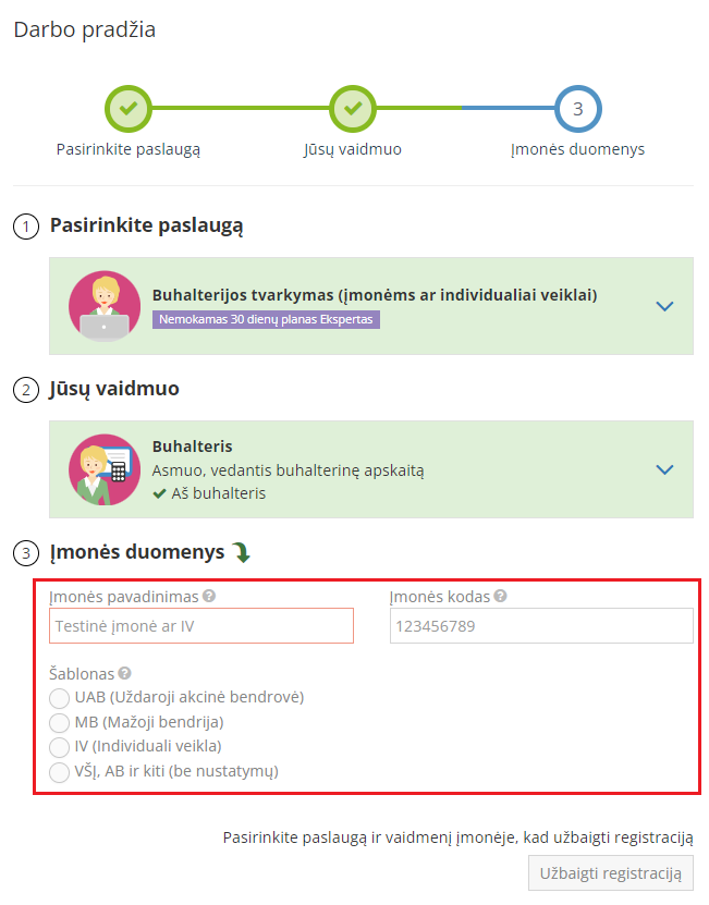Įmonės duomenų įvedimas ir registracijos užbaigimas