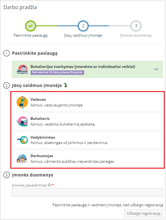 Įmonės vaidmens pasirinkimas registracijoje