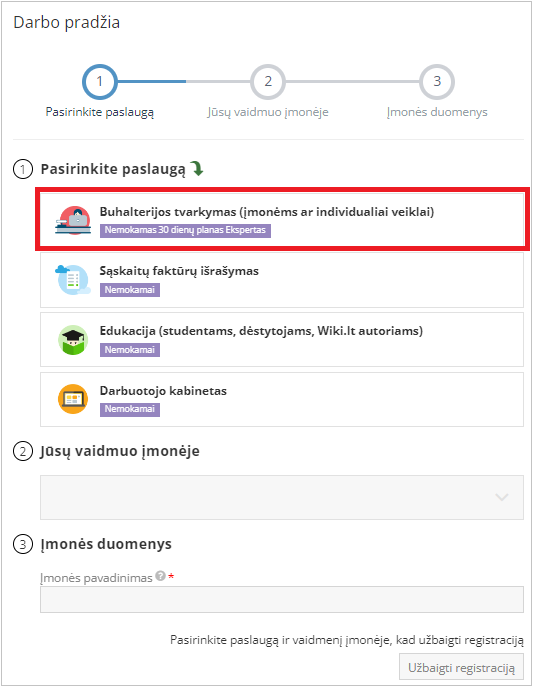 Buhalterijos tvarkymo pasirinkimas Site.pro programoje