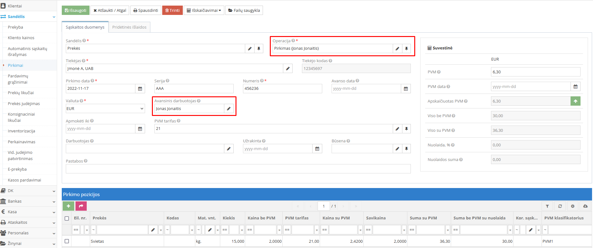 Pirkimo dokumento pildymo langas atskaitingam asmeniui