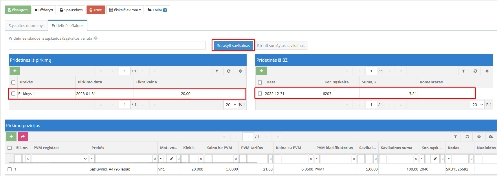 Pirkimo dokumentas be savikainos surašymo