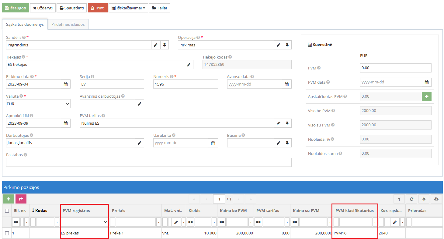 Pirkimo pozicijos su ES prekių ir paslaugų požymiais