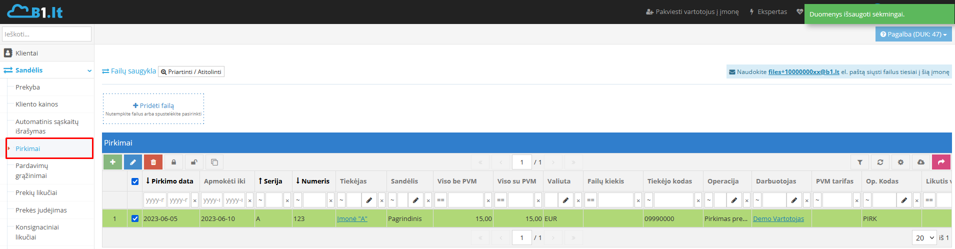 Pirkimo registracijos peržiūros langas