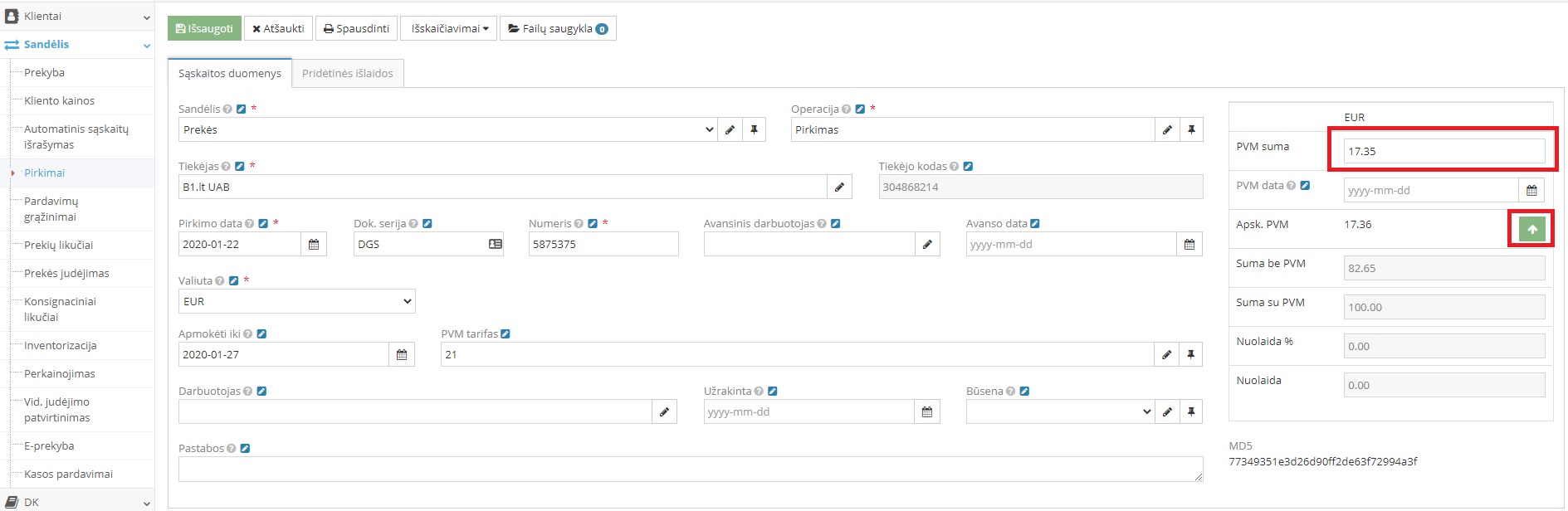 Pirkimo dokumento PVM sumos įvedimas ranka