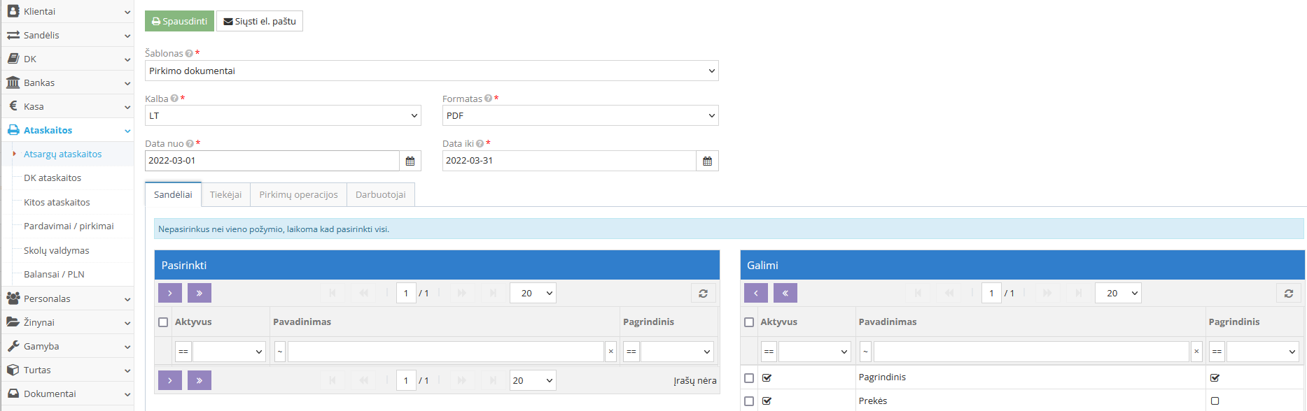Pirkimo ir pardavimo dokumentų ataskaitos langas