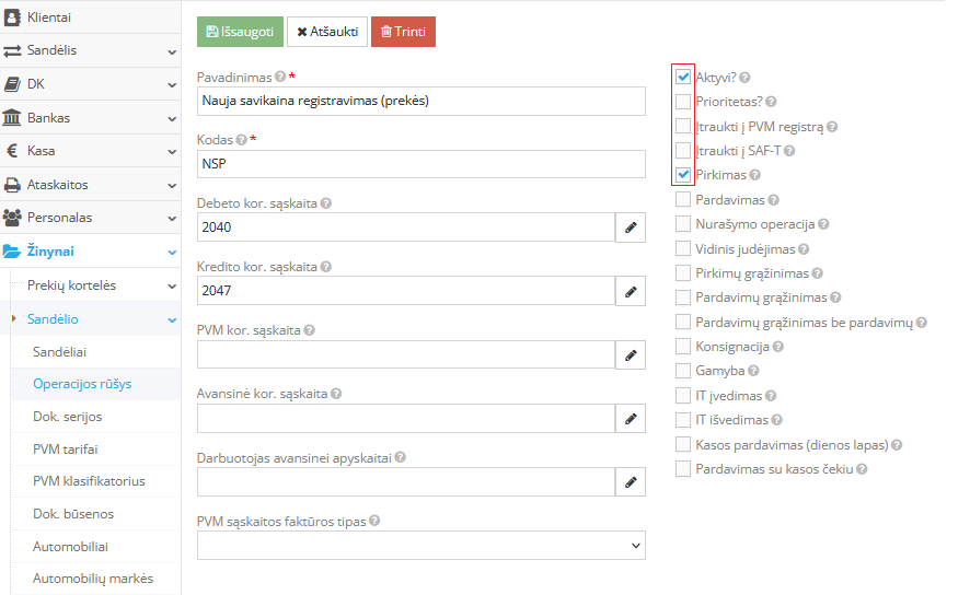 Operacijos rūšies kūrimas naujai savikainai užpajamuoti