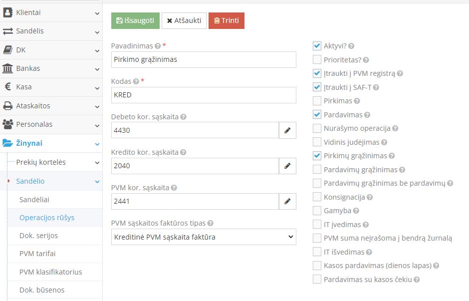 Pirkimo grąžinimo operacijos rūšies sukūrimas