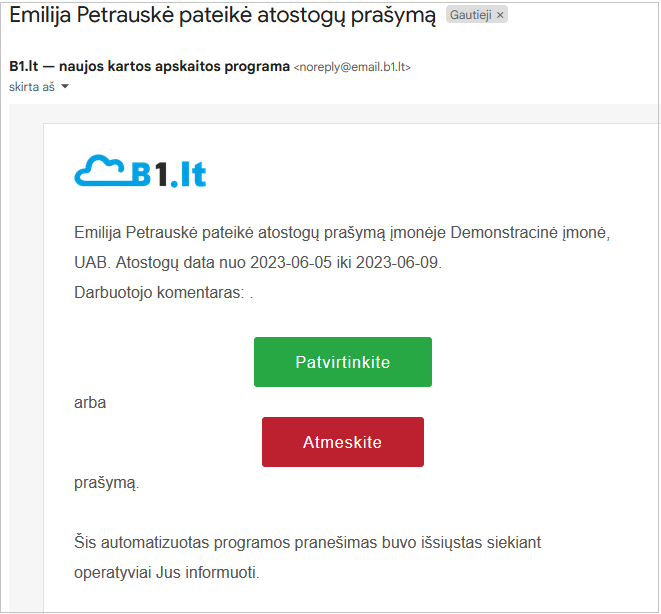 Darbuotojo prašymo tvirtinimo lange pasirinkimai