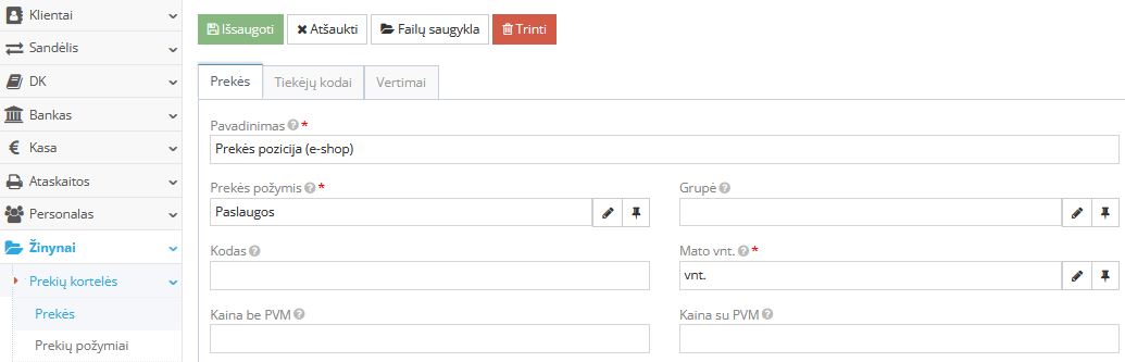 Prekės pozicijos kortelės kūrimo langas e-parduotuvėje