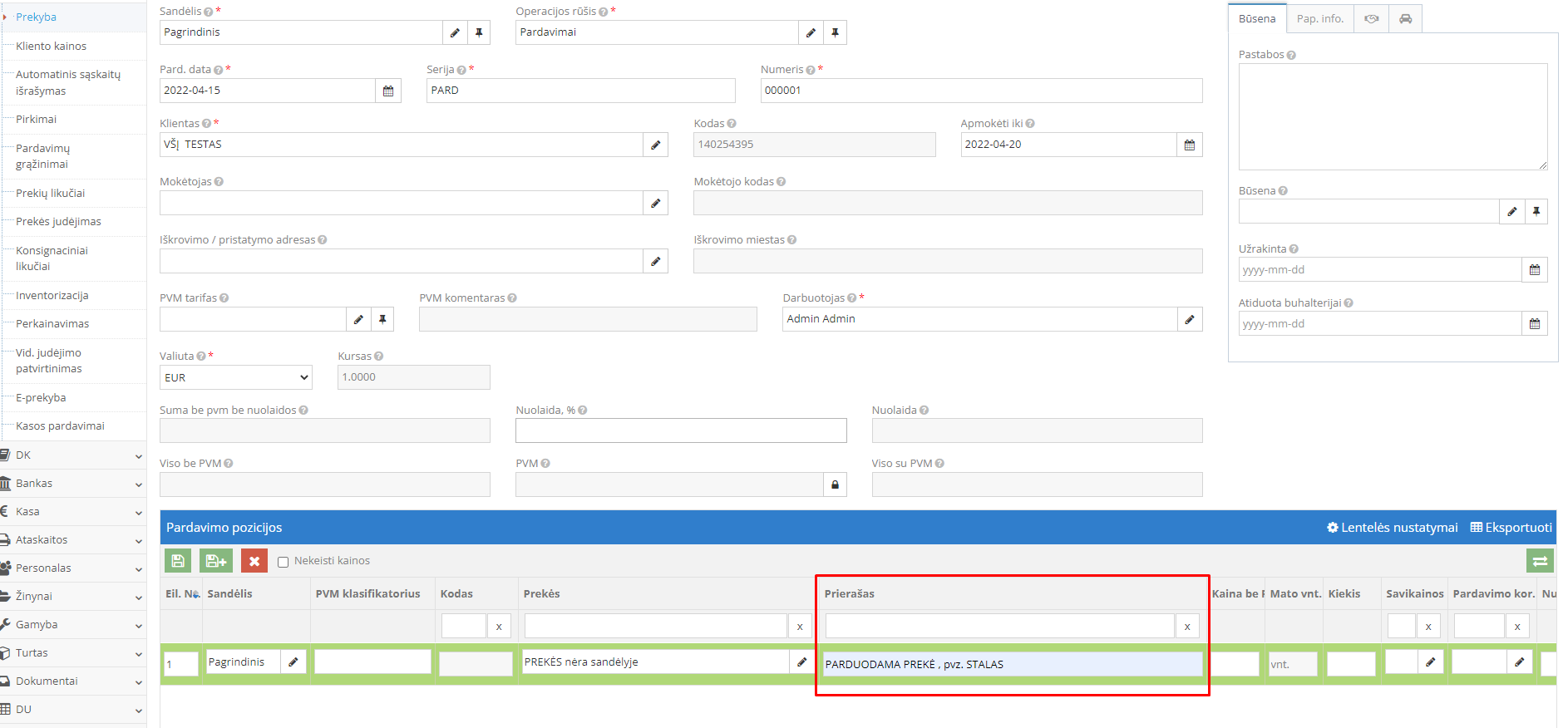 Prekės nėra sandėlyje kortelės pavyzdys