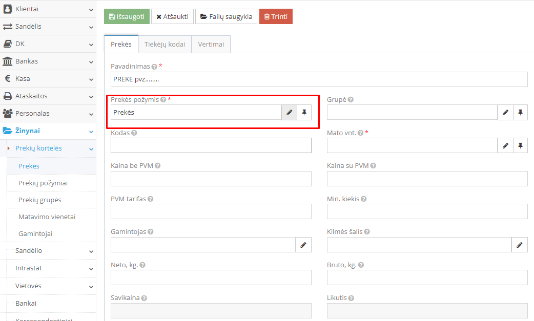 Prekės kortelės sukūrimo langas ir požymio pasirinkimas