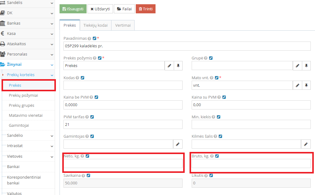 Prekės kortelės langas su svorio laukais