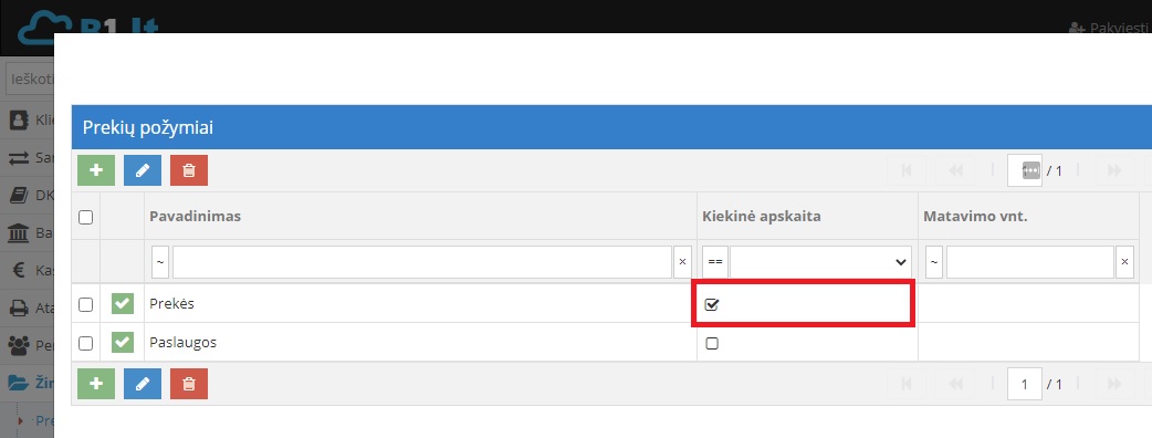 Prekės požymių pasirinkimo langas