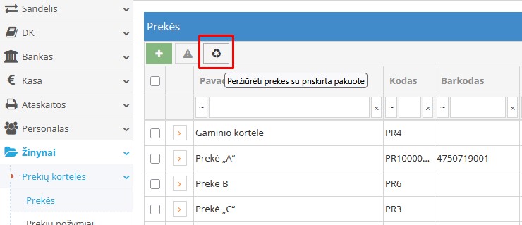Prekių sąrašas su priskirta pakuote