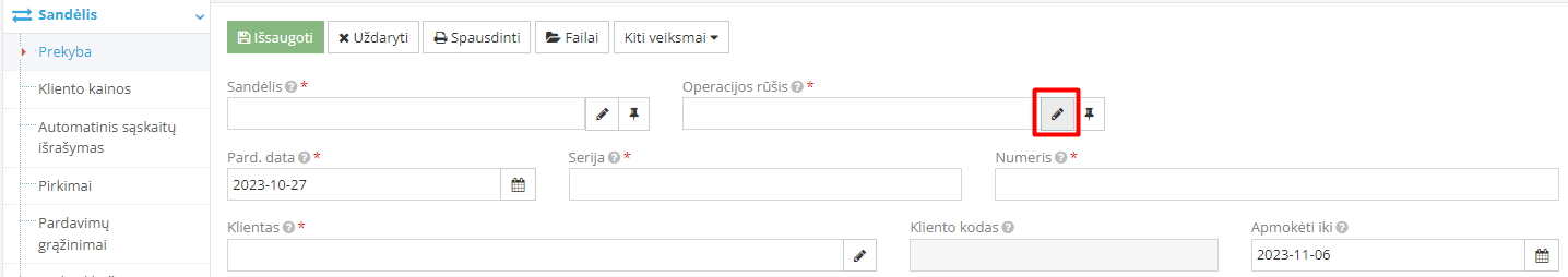 Operacijos rūšies pasirinkimas