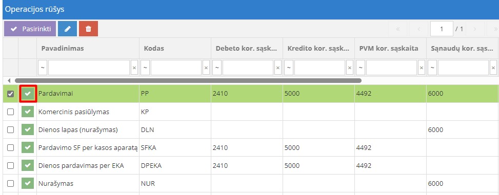 Operacijos rūšies pasirinkimas iš sąrašo
