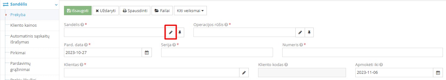 Sandėlio pasirinkimas pardavimui