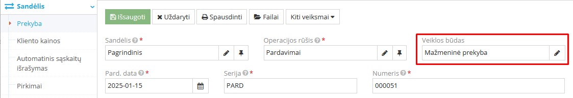 Pardavimo įrašo pavyzdys su veiklos būdo užpildymu