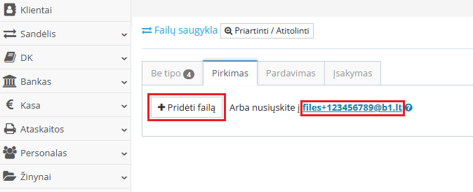 Sąskaitos failo pridėjimo langas programoje