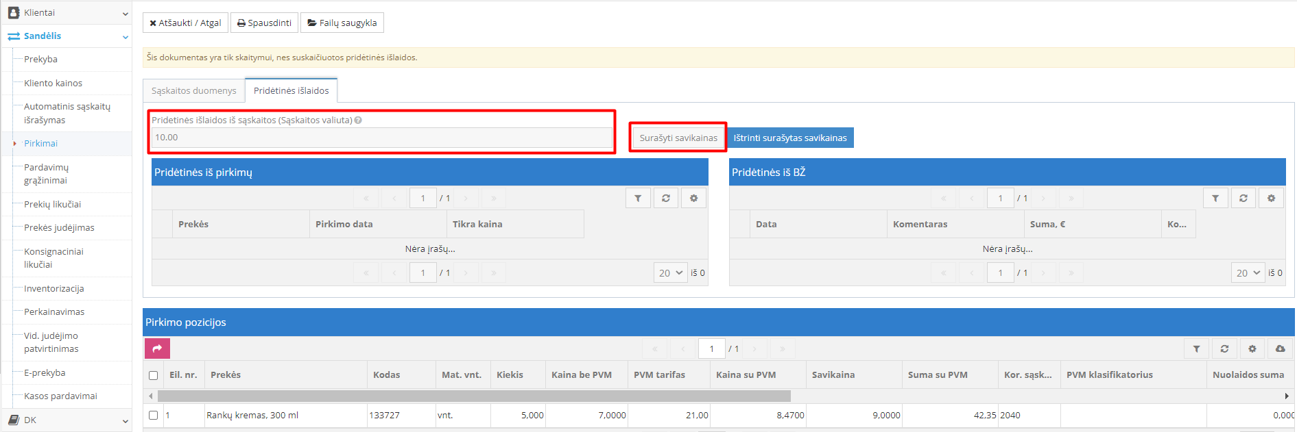 Pridėtinių išlaidų įvedimas sąskaitoje