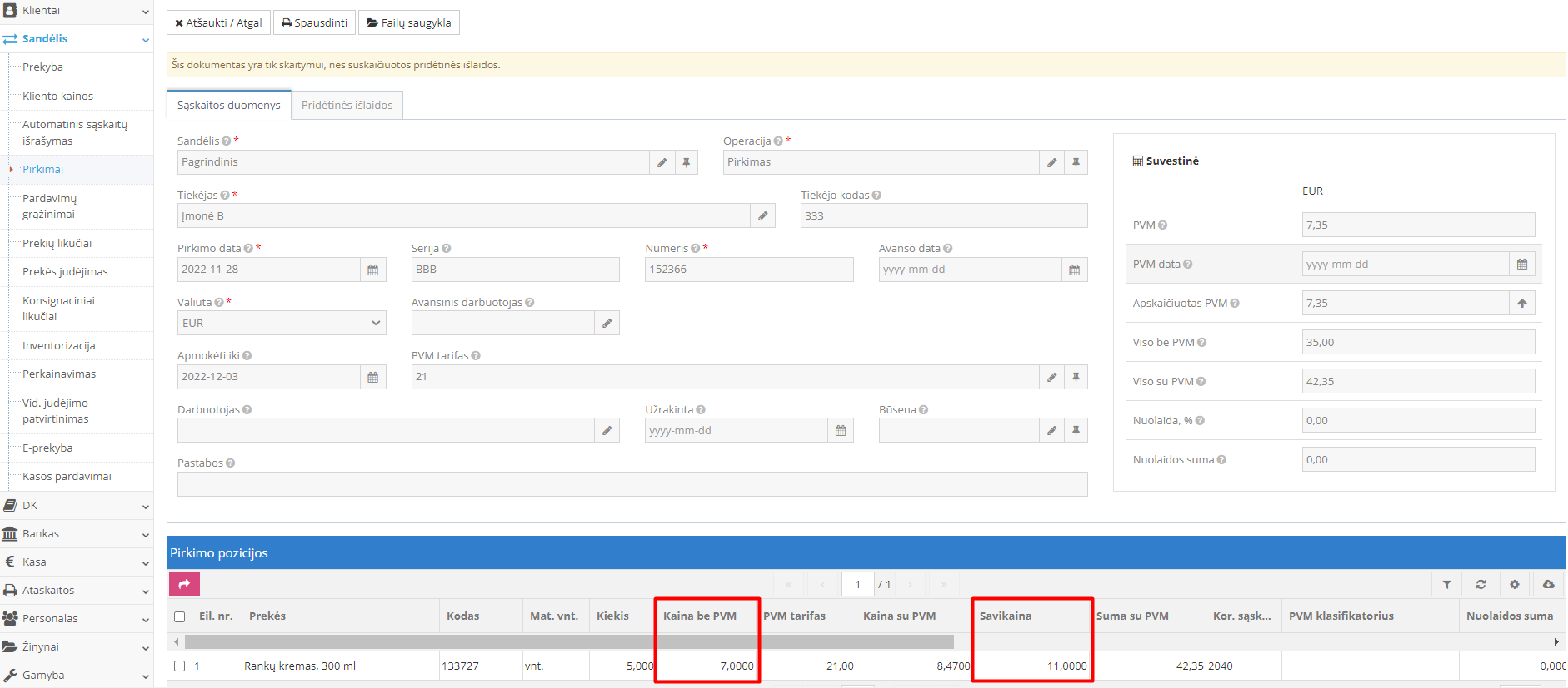 Prekės vertės padidėjimo atvaizdavimas stulpelyje Savikaina