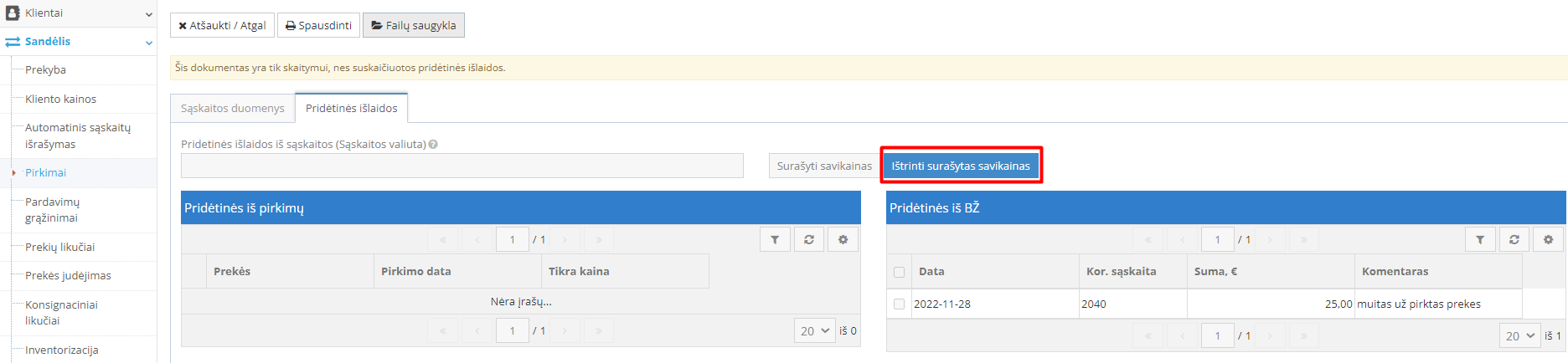 Surašytų savikainų ištrynimo mygtukas