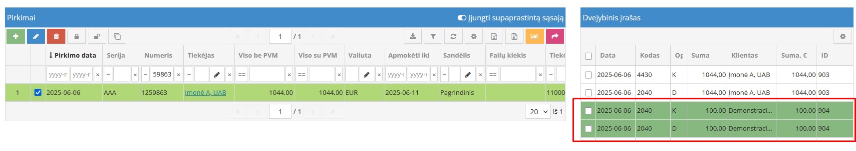 Dvejybinių įrašų peržiūra dokumente
