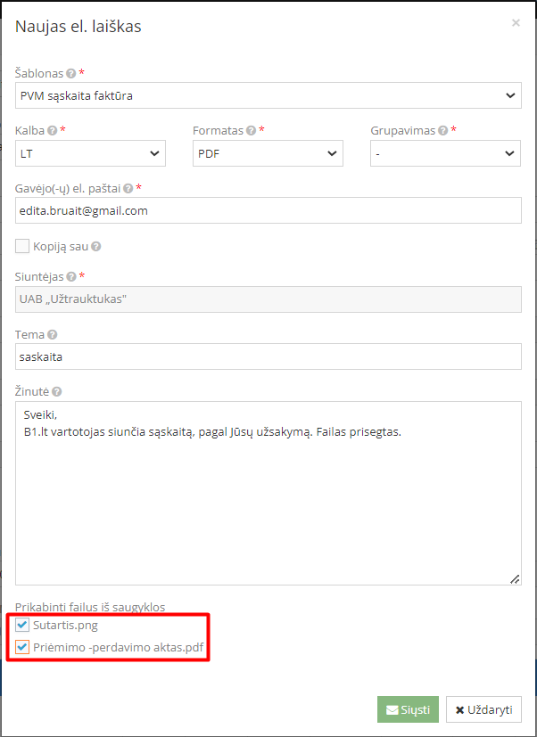 Papildomų failų pridėjimas prie laiško su pardavimo sąskaita