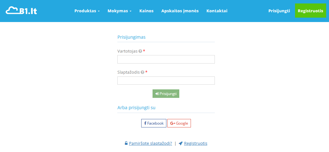 Prisijungimo langas su vartotojo vardo ir slaptažodžio laukais