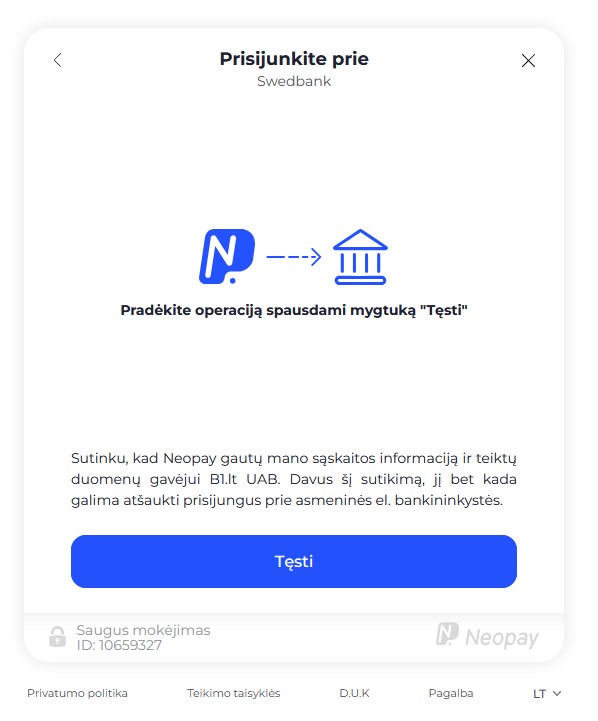 Prisijungimo prie banko per Neopay langas