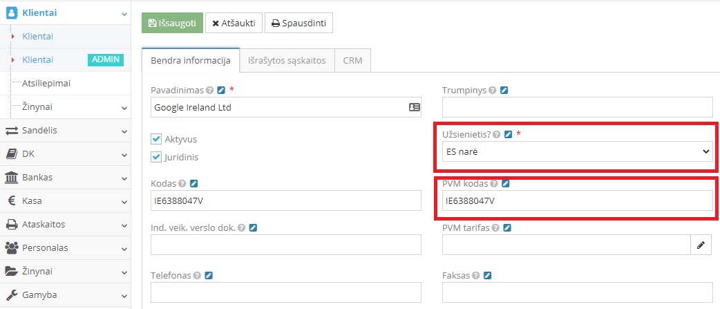 PVM kodo įvedimas ES kliento kortelėje