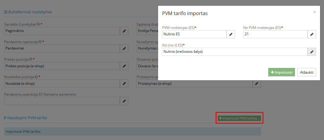 PVM tarifų importo langas