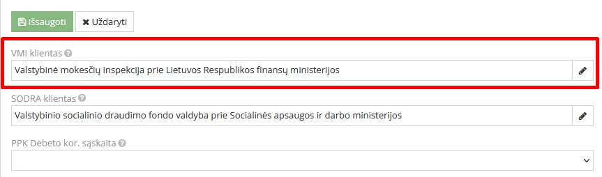 VMI kliento informacijos užpildymas nustatymuose