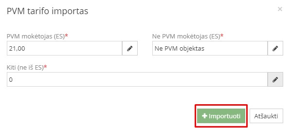 PVM tarifų importavimo langas