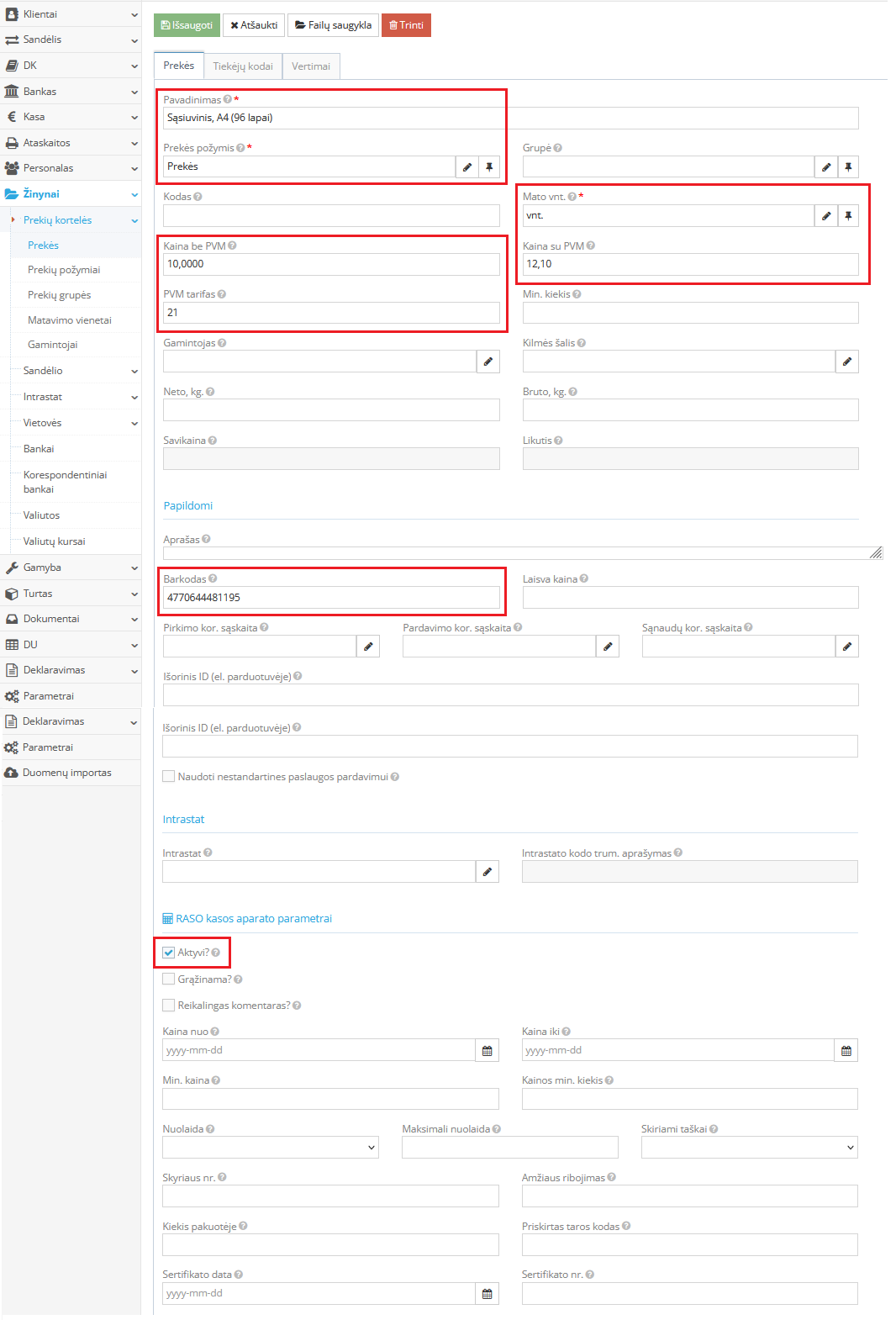 Prekės kortelės kūrimo langas buhalterijoje