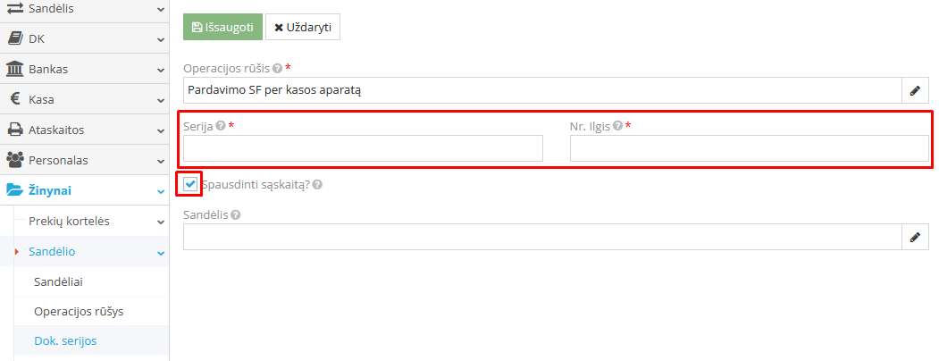Pardavimo sąskaitos faktūros serijos ir numerio nustatymas