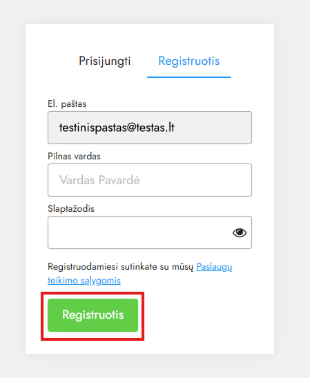 Кнопка регистрации в окне регистрации