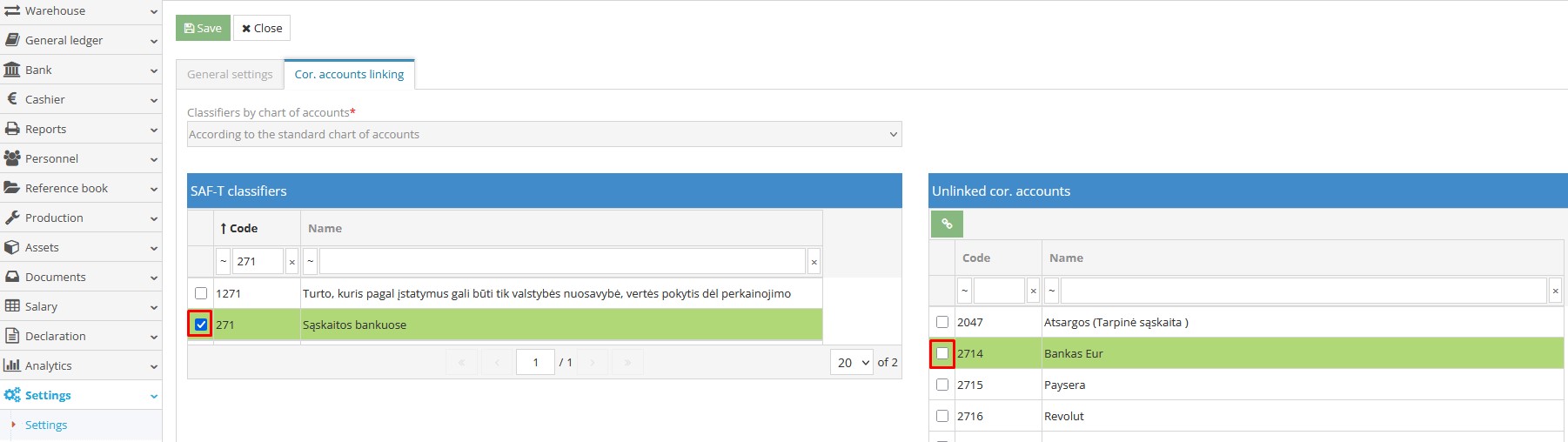Manual linking of SAF-T classifiers with accounts