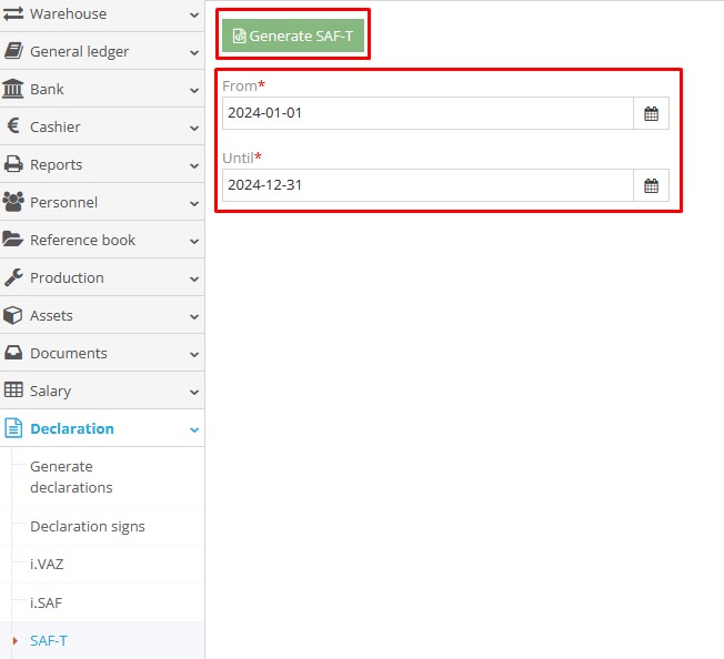 Generating SAF-T file in declaration module