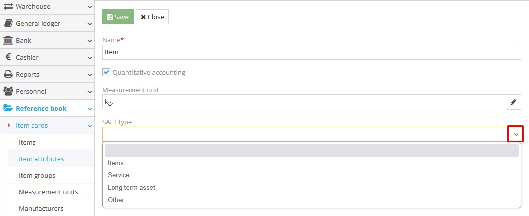 Assigning SAF-T types to item attributes in accounting system