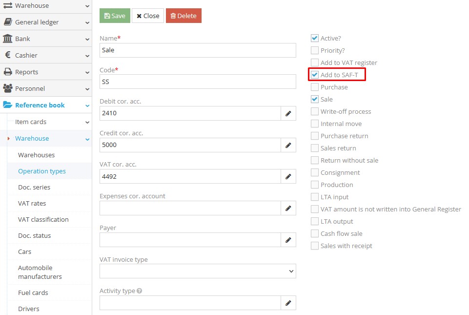 Selecting operation types for inclusion in SAF-T file