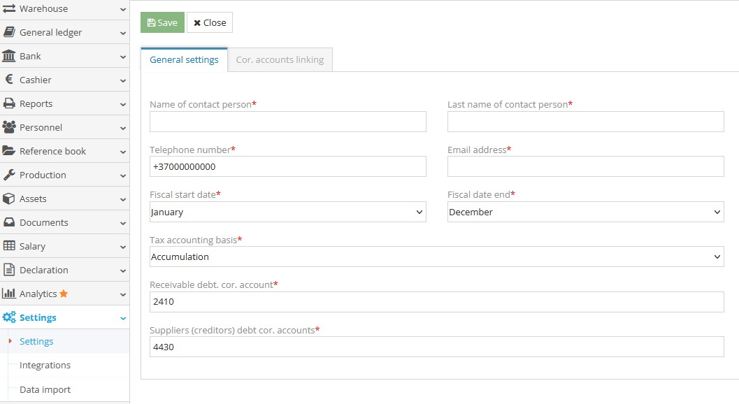 SAF-T general settings form in accounting software