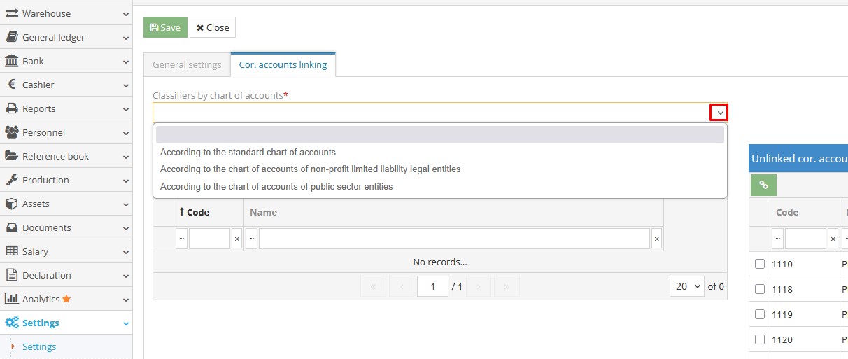 Chart of accounts linking tab in SAF-T settings