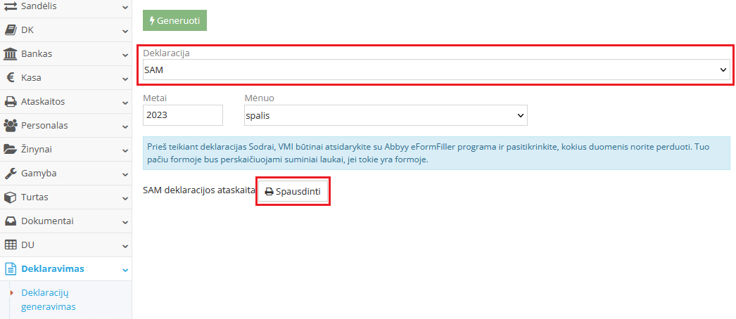SAM mėnesio ataskaitos duomenų peržiūra