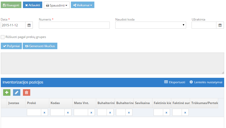 Inventorizacijos langas su pasirinkimais
